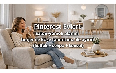 Pinterest Evleri: Salon-yemek alanını berjer ile köşe tanımlama ile ayırın (koltuk + sehpa + konsol)
